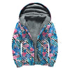 Blue Tropical And Pink Flamingo Print Sherpa Lined Zip Up Hoodie