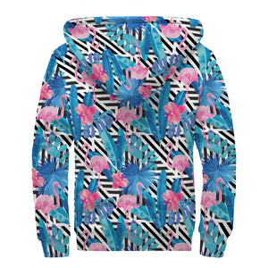 Blue Tropical And Pink Flamingo Print Sherpa Lined Zip Up Hoodie