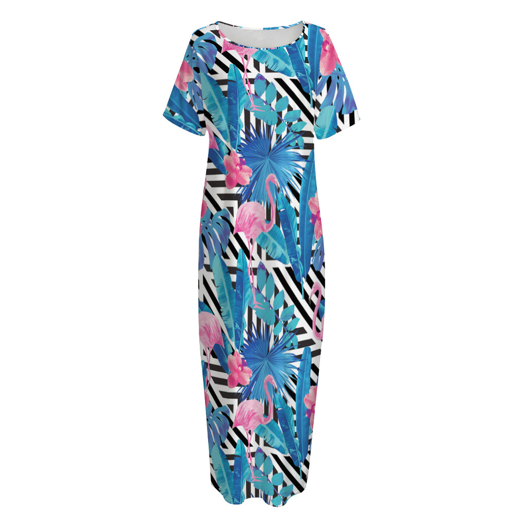 Blue Tropical And Pink Flamingo Print Short Sleeve Long Nightdress