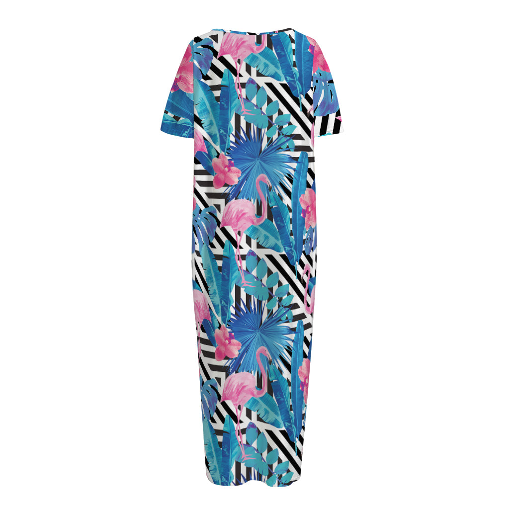 Blue Tropical And Pink Flamingo Print Short Sleeve Long Nightdress