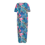 Blue Tropical And Pink Flamingo Print Short Sleeve Long Nightdress