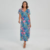 Blue Tropical And Pink Flamingo Print Short Sleeve Maxi Dress