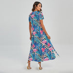 Blue Tropical And Pink Flamingo Print Short Sleeve Maxi Dress