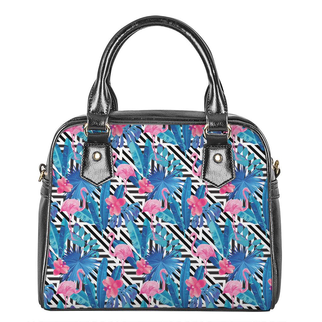 Blue Tropical And Pink Flamingo Print Shoulder Handbag