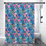 Blue Tropical And Pink Flamingo Print Shower Curtain