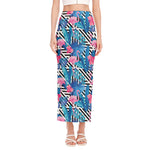 Blue Tropical And Pink Flamingo Print Side Slit Maxi Skirt