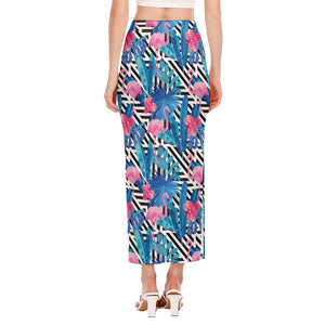 Blue Tropical And Pink Flamingo Print Side Slit Maxi Skirt