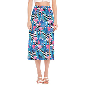 Blue Tropical And Pink Flamingo Print Side Slit Midi Skirt