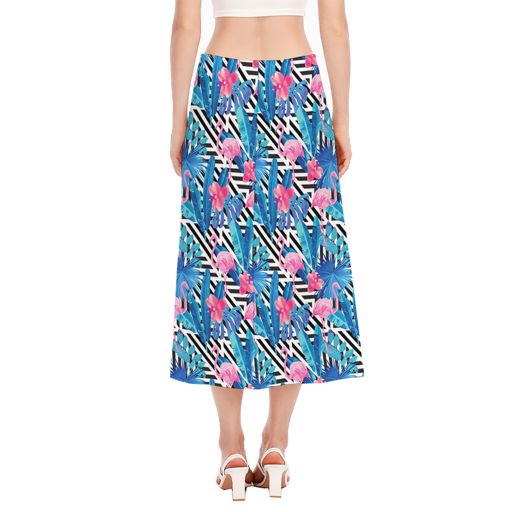 Blue Tropical And Pink Flamingo Print Side Slit Midi Skirt