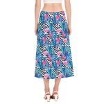 Blue Tropical And Pink Flamingo Print Side Slit Midi Skirt