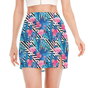 Blue Tropical And Pink Flamingo Print Side Slit Mini Skirt