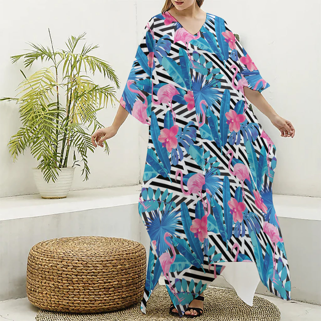 Blue Tropical And Pink Flamingo Print Silk V-Neck Kaftan Dress