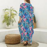 Blue Tropical And Pink Flamingo Print Silk V-Neck Kaftan Dress