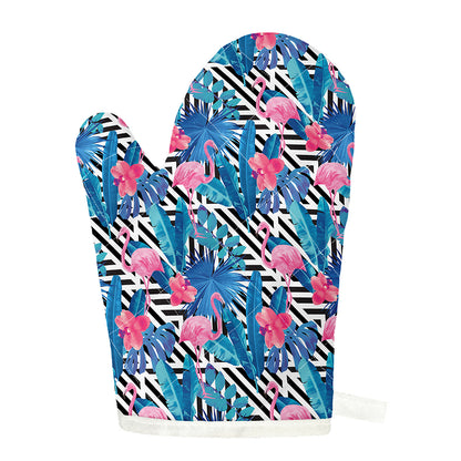 Blue Tropical And Pink Flamingo Print Single Oven Mitt