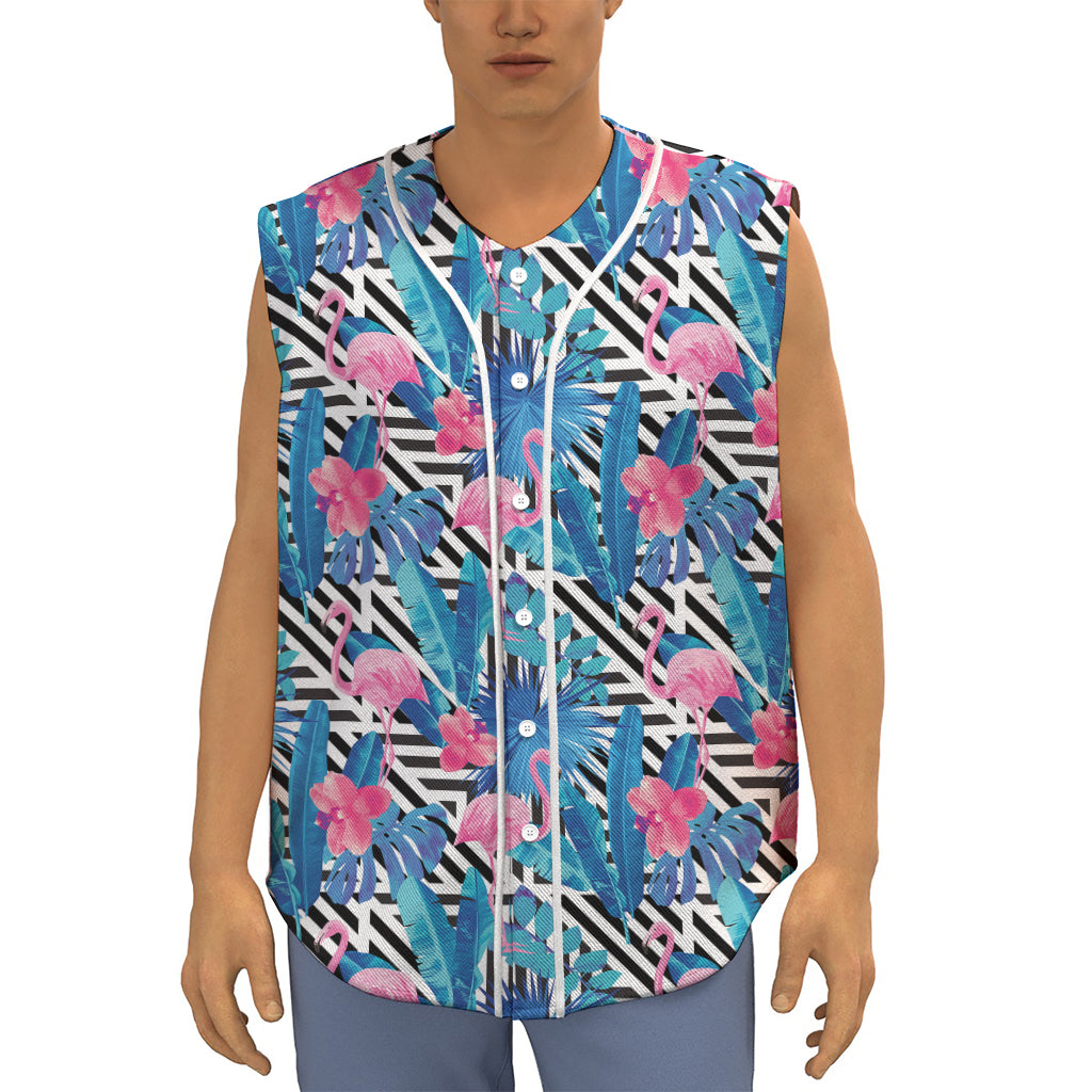 Blue Tropical And Pink Flamingo Print Sleeveless Baseball Jersey