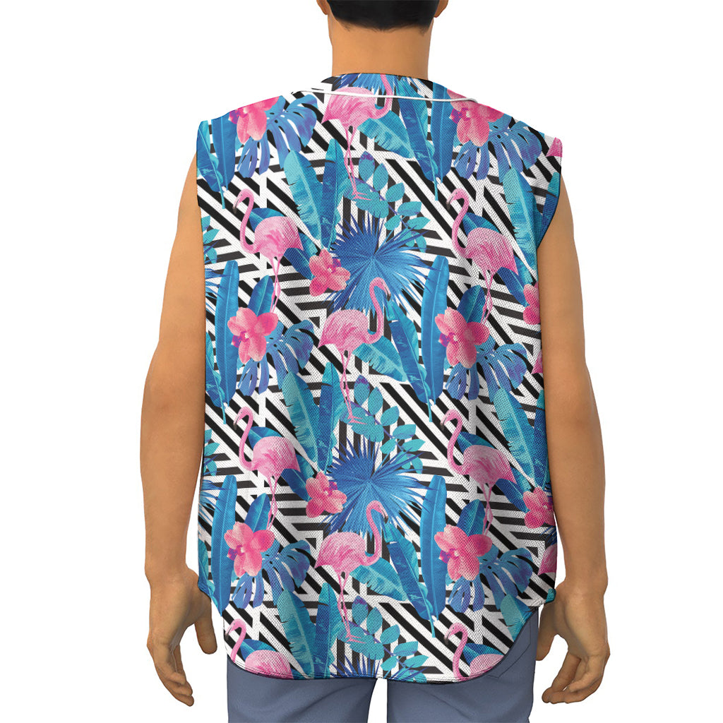 Blue Tropical And Pink Flamingo Print Sleeveless Baseball Jersey