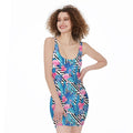 Blue Tropical And Pink Flamingo Print Sleeveless Bodycon Dress