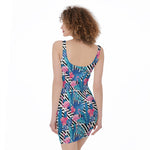 Blue Tropical And Pink Flamingo Print Sleeveless Bodycon Dress