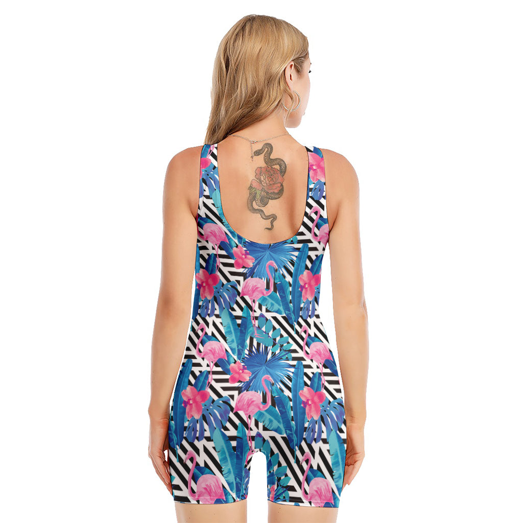 Blue Tropical And Pink Flamingo Print Sleeveless One Piece Swimsuit