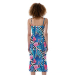 Blue Tropical And Pink Flamingo Print Slim Fit Midi Cami Dress