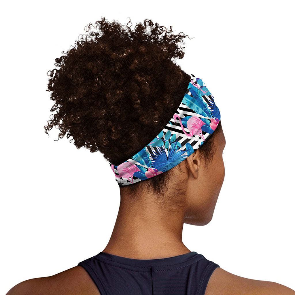 Blue Tropical And Pink Flamingo Print Sports Headband