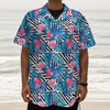 Blue Tropical And Pink Flamingo Print Textured Short Sleeve Shirt