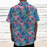 Blue Tropical And Pink Flamingo Print Textured Short Sleeve Shirt