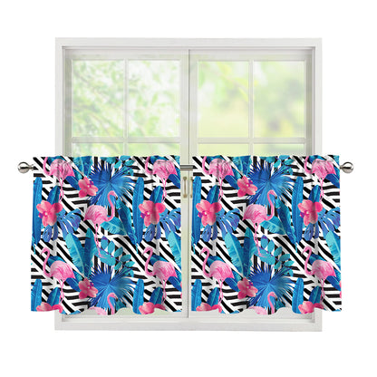 Blue Tropical And Pink Flamingo Print Tier Curtains