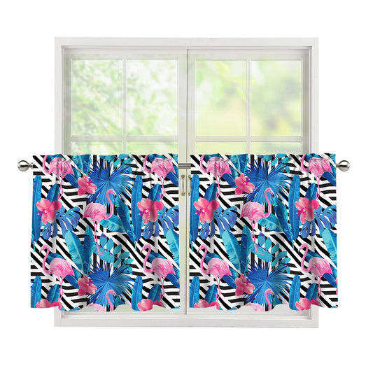 Blue Tropical And Pink Flamingo Print Tier Curtains