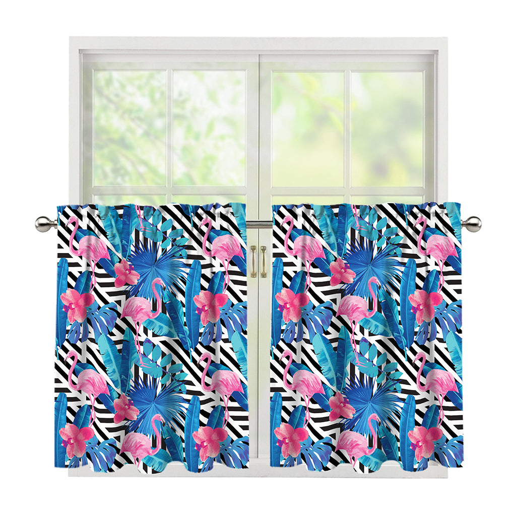 Blue Tropical And Pink Flamingo Print Tier Curtains