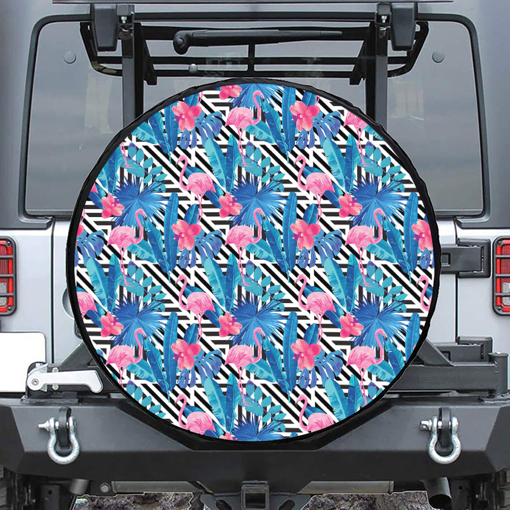 Blue Tropical And Pink Flamingo Print Tire Cover