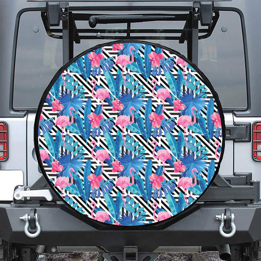 Blue Tropical And Pink Flamingo Print Tire Cover