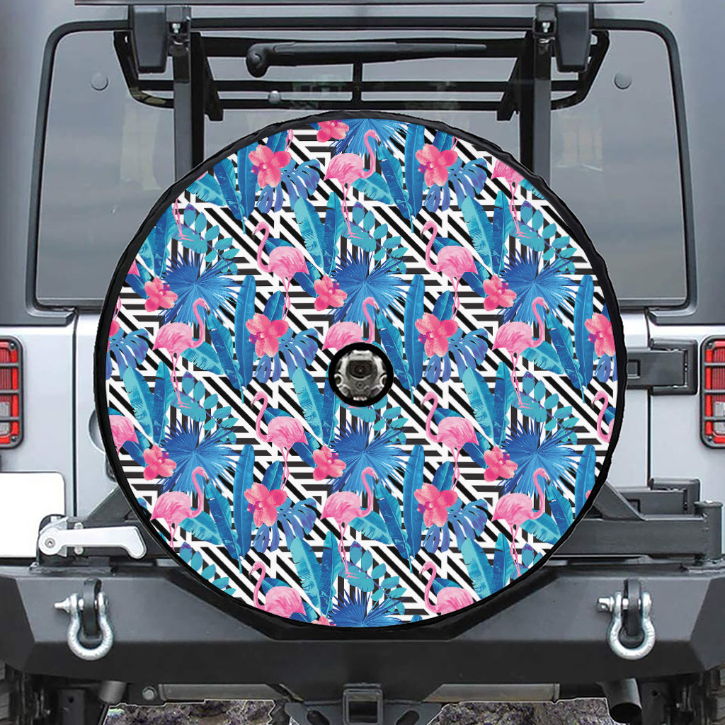 Blue Tropical And Pink Flamingo Print Tire Cover With Camera Hole