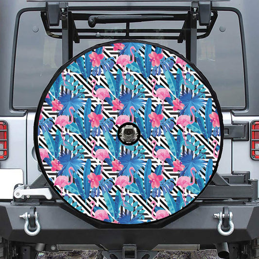 Blue Tropical And Pink Flamingo Print Tire Cover With Camera Hole