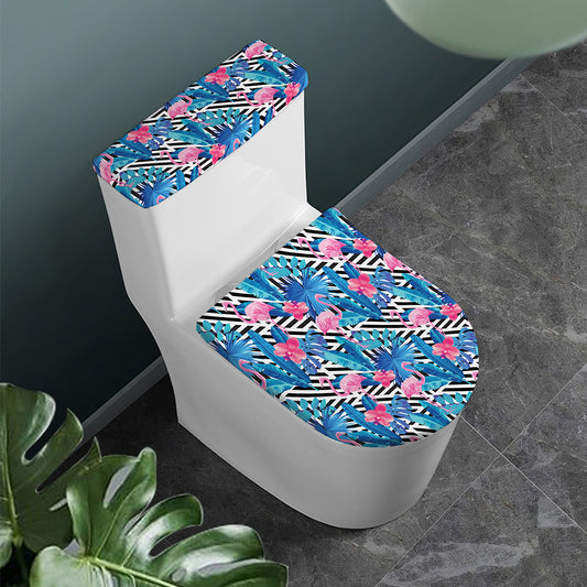 Blue Tropical And Pink Flamingo Print Toilet Lid And Tank Cover Set