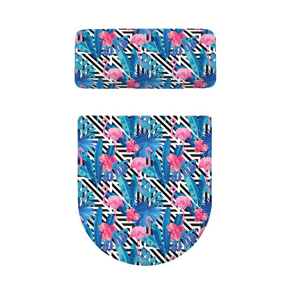 Blue Tropical And Pink Flamingo Print Toilet Lid And Tank Cover Set