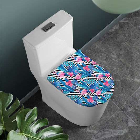 Blue Tropical And Pink Flamingo Print Toilet Lid Cover