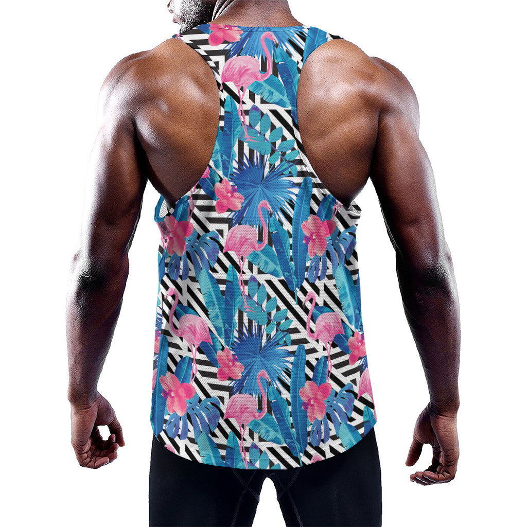 Blue Tropical And Pink Flamingo Print Training Tank Top