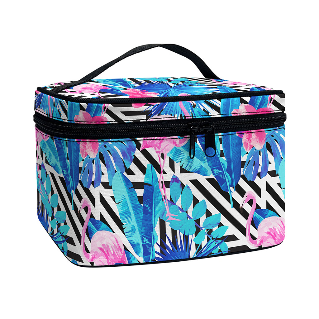 Blue Tropical And Pink Flamingo Print Travel Makeup Bag