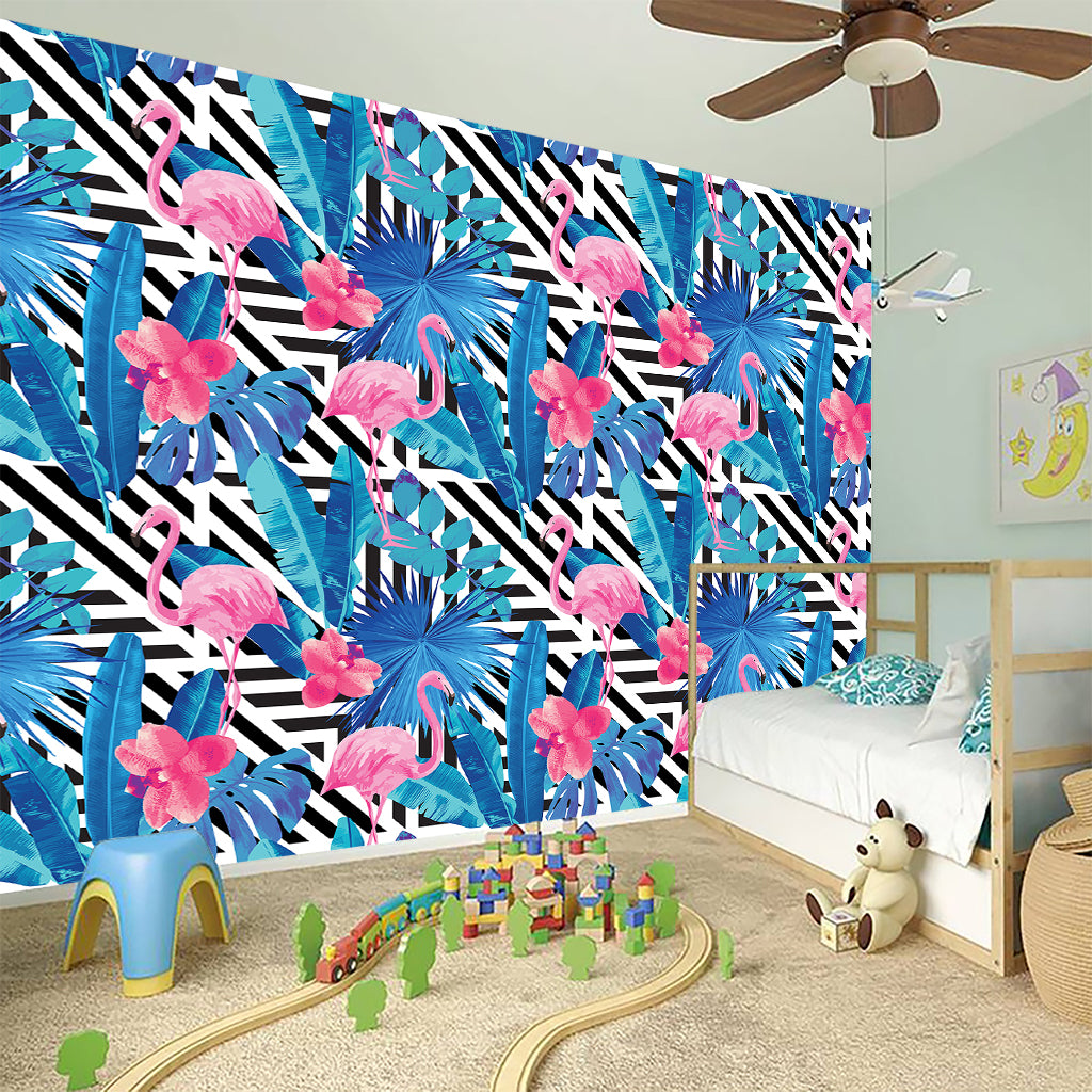 Blue Tropical And Pink Flamingo Print Wall Sticker