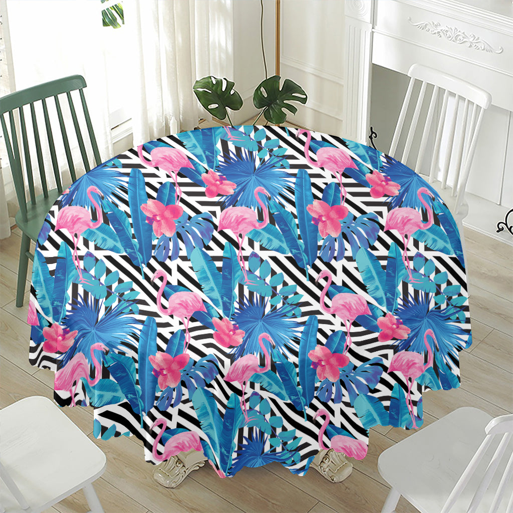Blue Tropical And Pink Flamingo Print Waterproof Round Tablecloth