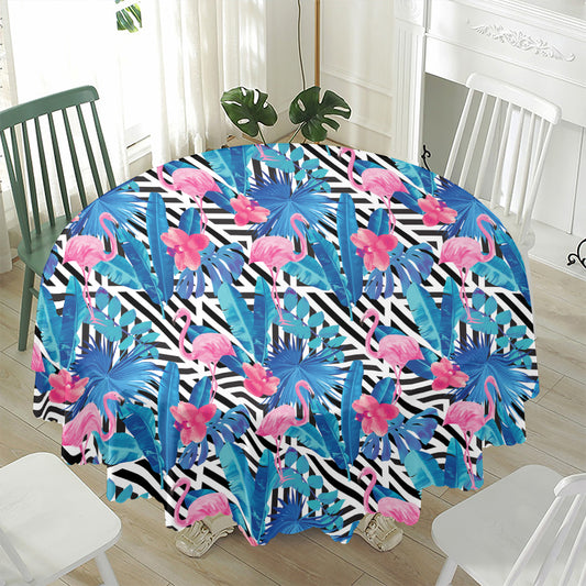 Blue Tropical And Pink Flamingo Print Waterproof Round Tablecloth