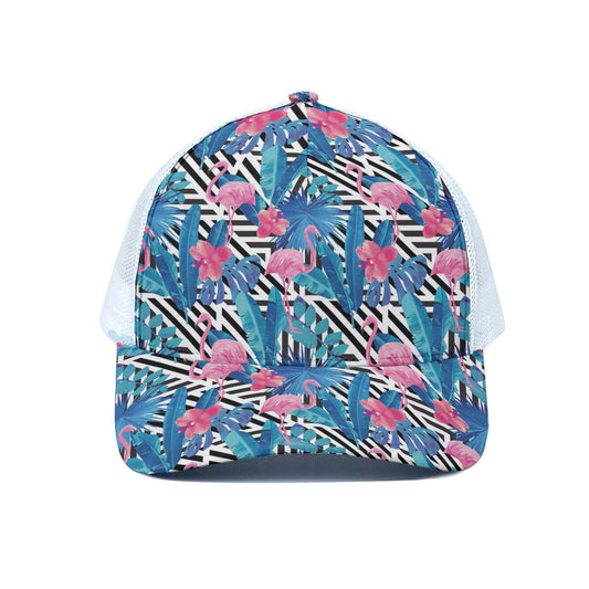Blue Tropical And Pink Flamingo Print White Mesh Trucker Cap