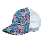 Blue Tropical And Pink Flamingo Print White Mesh Trucker Cap