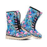 Blue Tropical And Pink Flamingo Print Winter Boots