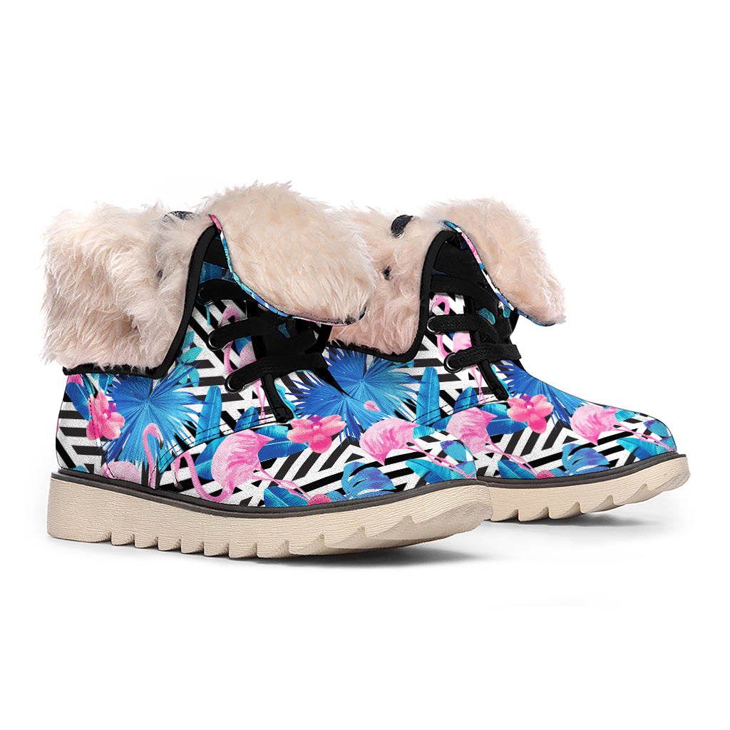Blue Tropical And Pink Flamingo Print Winter Boots