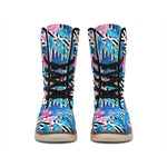 Blue Tropical And Pink Flamingo Print Winter Boots