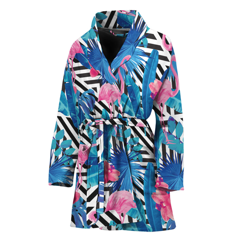 Blue Tropical And Pink Flamingo Print Women's Bathrobe