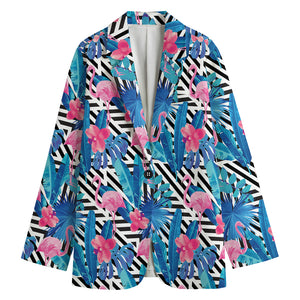 Blue Tropical And Pink Flamingo Print Women's Blazer