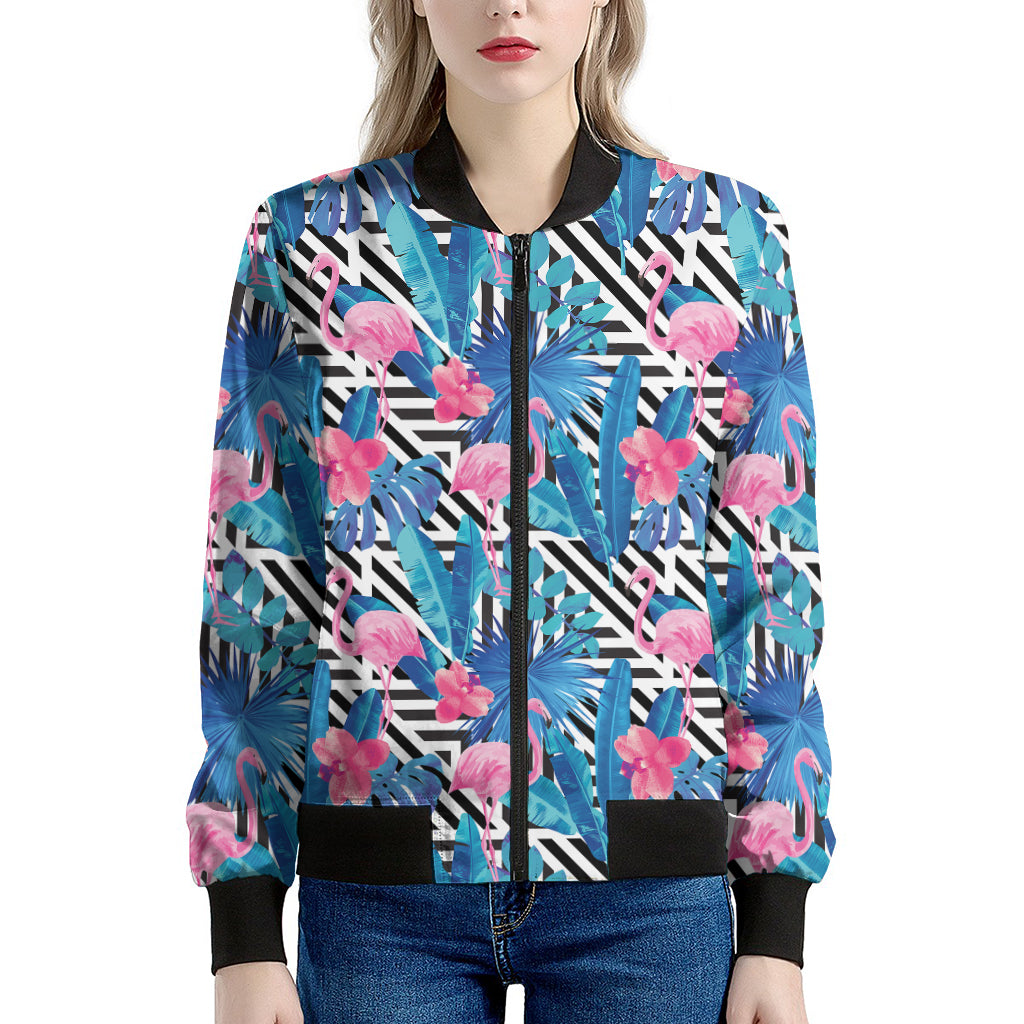 Blue Tropical And Pink Flamingo Print Women's Bomber Jacket